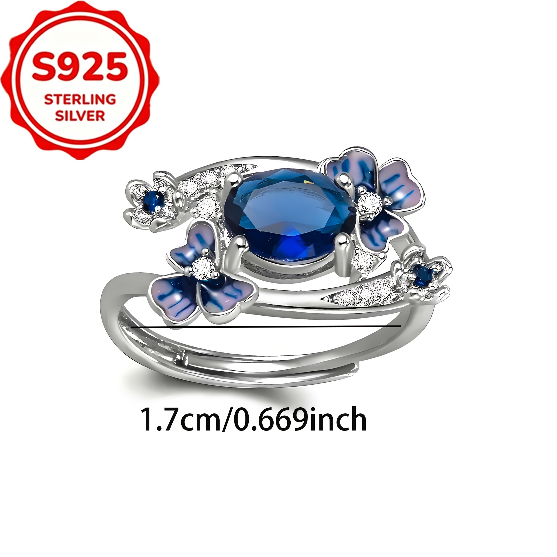 Women's S925 Silver Inlaid Blue Zirconia Open Ring, Light Luxury