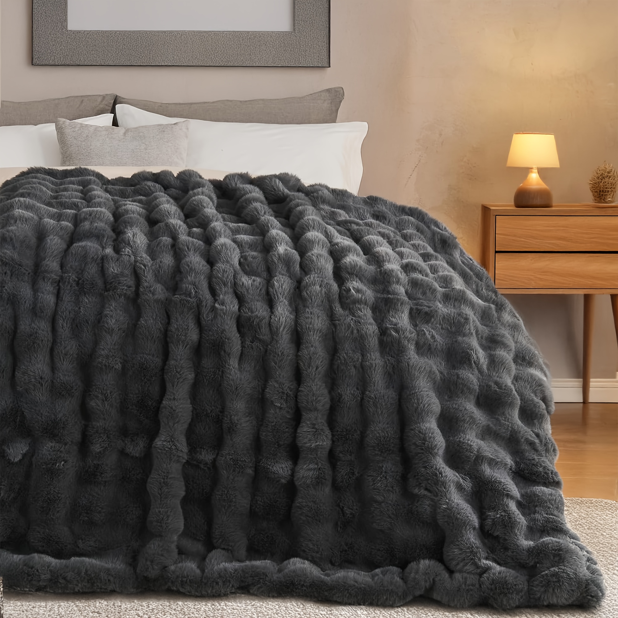 TEMU 79" X 91" Throw Blanket For Couch Ivory Soft Flannel Fleece 3d Bubble Thickened Bed Blanket Faux Rabbit Fur Blanket - Warm And Cosy Throw For
