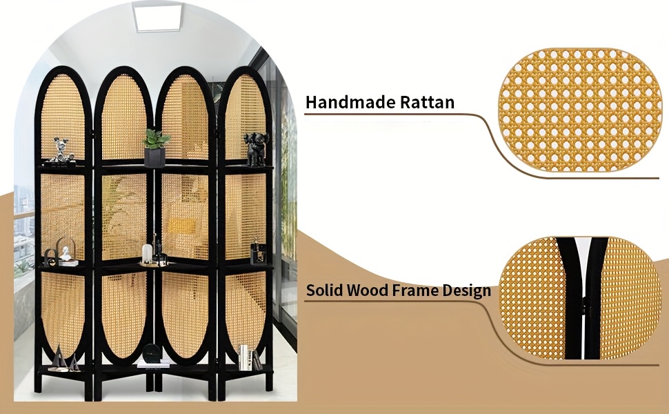 Four-Panel Wooden Room Divider, Collapsible with a Hand-Woven Rattan Privacy Screen - Room Partitions Featuring Three Display Shelves, Ideal for Home, Office, Study, Or Art Exhibitions