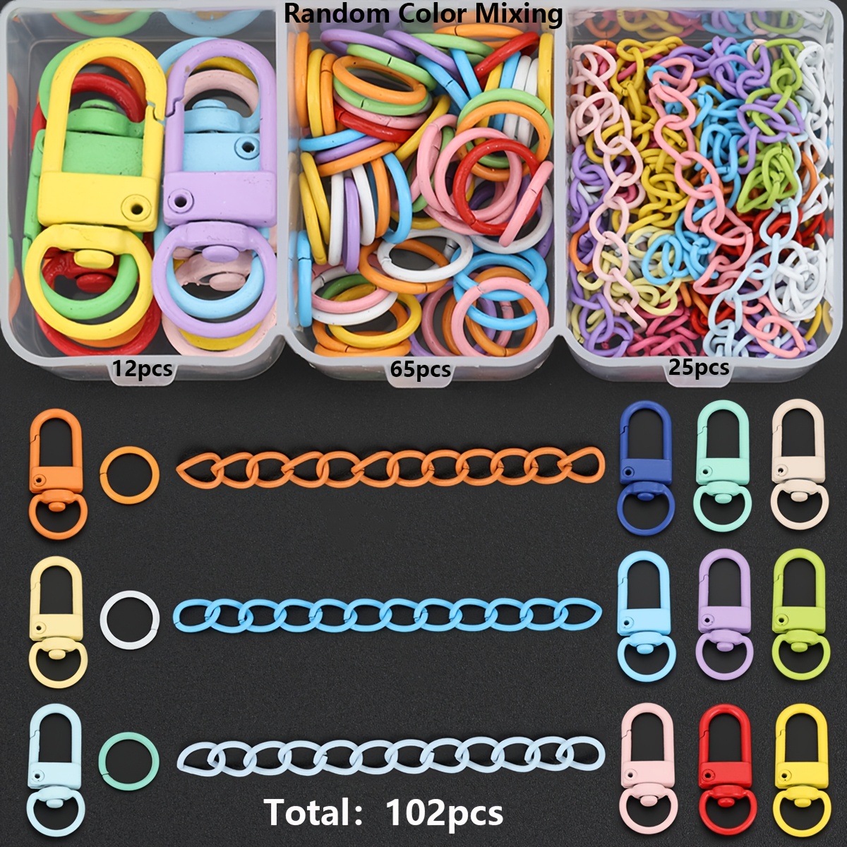 TEMU 102pcs/box Keychain Making Parts Random Mixed Colors Including 12pcs Rotatable Lobster Clasps, 25pcs Extension Chains And 65pcs Open Jump Rings,