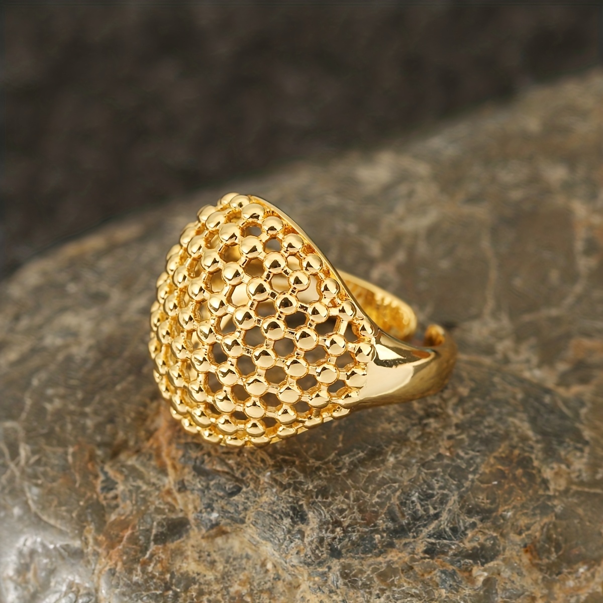 TEMU 1pc - European & - Copper - Exquisite Hollow-out Checkerboard Design - Unisex Adjustable - Suitable For Weddings, Daily Wear, Christmas,