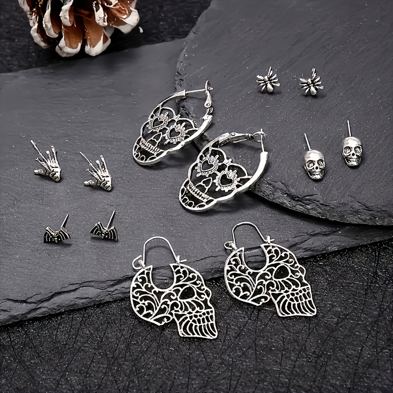 

6 Pairs Of 12pcs Silvery Stud Earrings Bee Bat Animal Elements Etc Handsome Cool Ear Jewelry