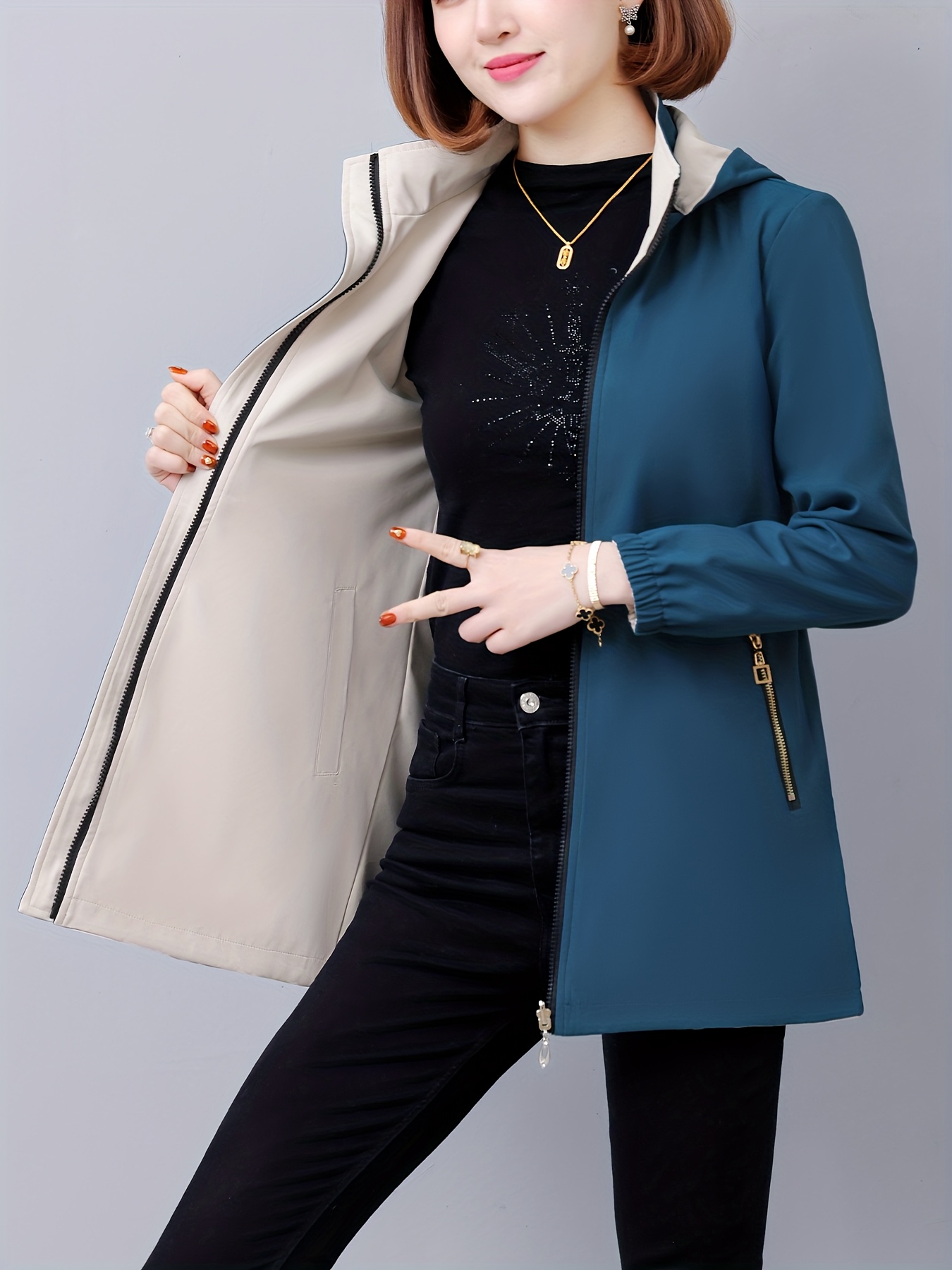 Chaqueta Elegante con Capucha de Longitud Media para Mujer - Abrigo Reversible a Prueba de Viento con Cintura Ajustable y Bolsillos con Cremallera, Ropa Casual de Color Sólido para Primavera/Otoño, Sudadera con Cordón, Diseño Estructurado - Imagen 5