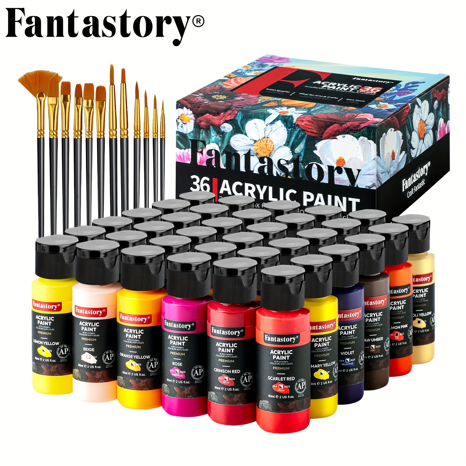 

Fantastory Acrylic Paint Set, 36classic Colors (2oz/60ml), Professional Craft Paint, Art Supplies Kit For Adults, Canvas/fabric/rock/glass/stone/ceramic/model/wood Painting With 12 Brushes