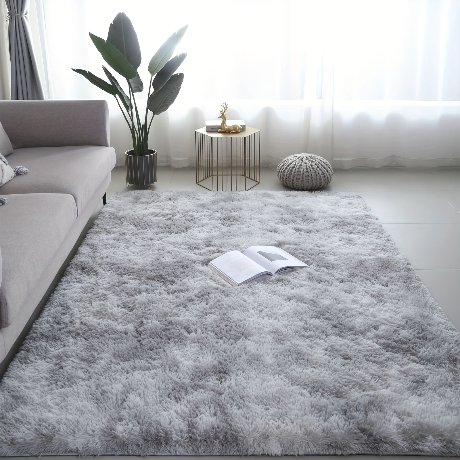 E-shop Großer Plüschteppich, 160 x 230 cm, Tie-Dye hellgrau und schwarz, rechteckiger Plüschteppich, rutschfest und flauschig, superweicher und