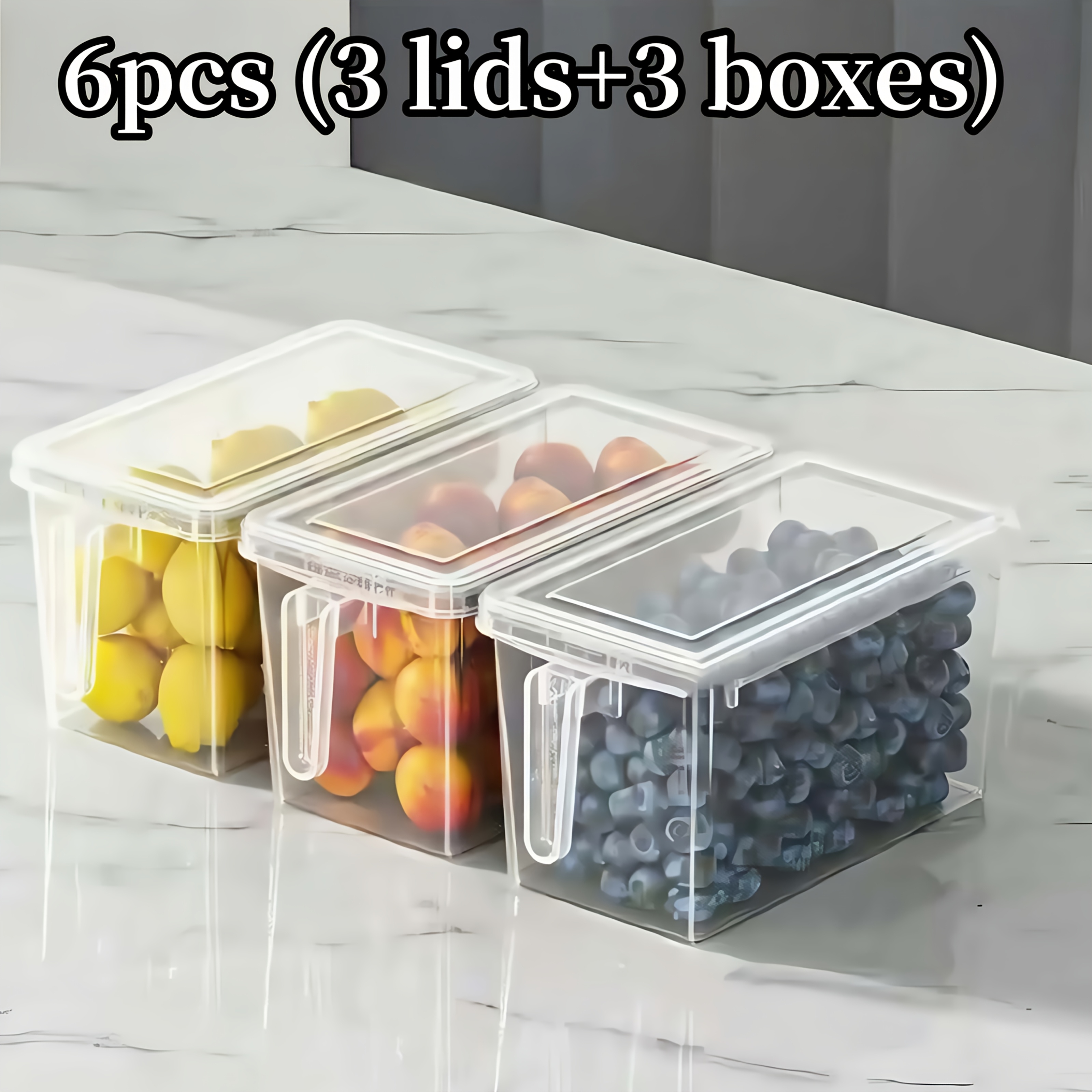 TEMU 6pcs(3pcs Boxs + 3pcs Lids) Refrigerator Storage Containers With Handles - Durable Plastic Food Organizer Bins For Fruits, Vegetables, Grains,