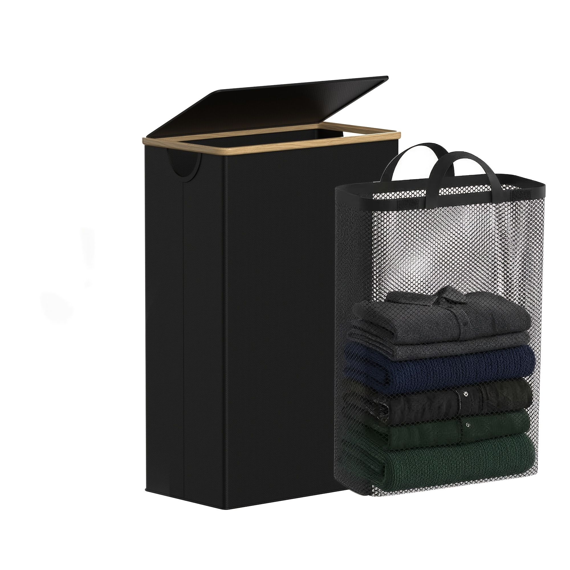 Lidded Laundry Basket, Narrow Removable Bag Laundry Hamper, Slim Laundry Basket With Bamboo Handle, Suitable For Bathroom, Bedroom And Laundry Room, 100l Black, Laundry Baskets