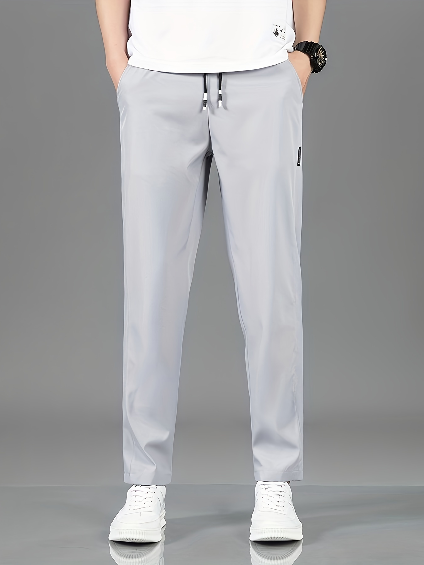 mens solid cropped pants with pockets casual drawstring sports trousers for outdoor activities gift 8709 light gray 2