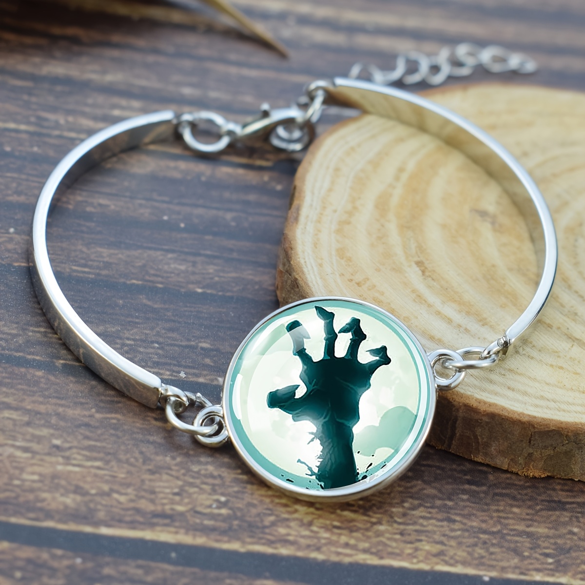 Zombie Hand Rising Glass Dome Bracelet, Gothic Horror Theme