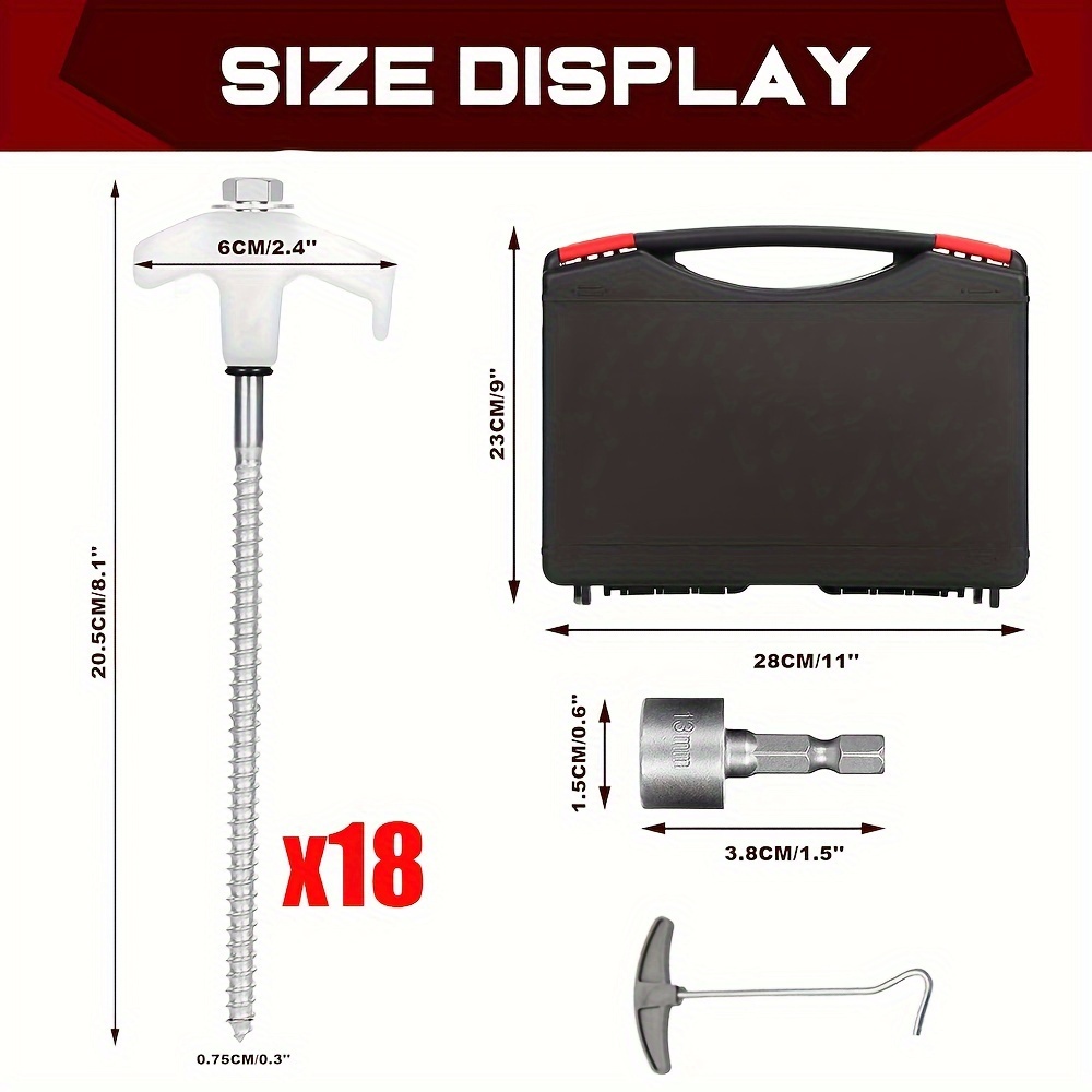 TEMU 21pcs/ Set Tent Stakes Threaded Heavy Duty Tent Pegs, Screw Style, Glow In The Dark, With Hex Drill Bit + Storage Box, Durable And Lightweight
