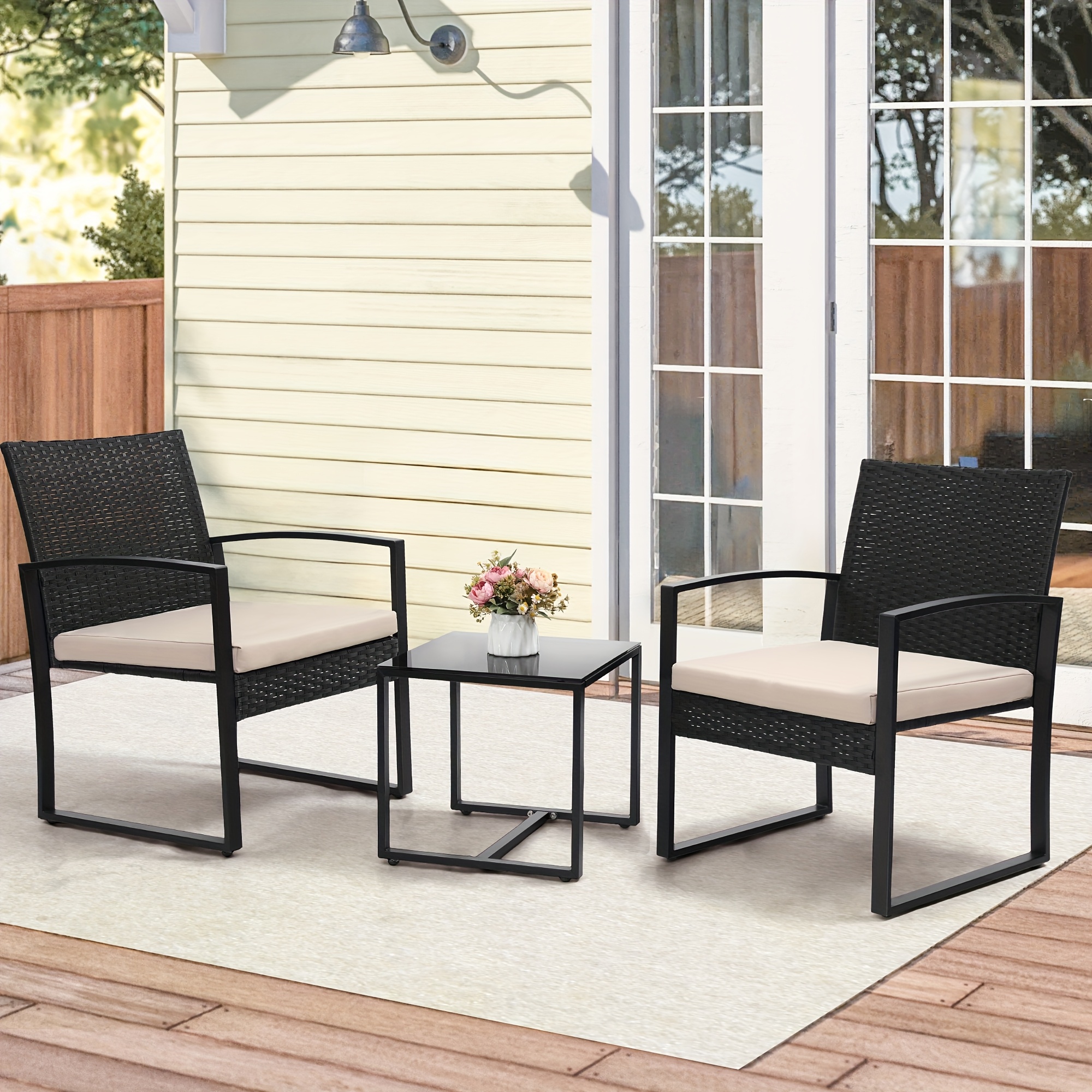 Outdoor Patio Furniture Set, Wicker for 3 People Conversation Set Includes 2 Waterproof Chairs, Thick Cushions and 1 Small Bar Table, Safety Glass Roof