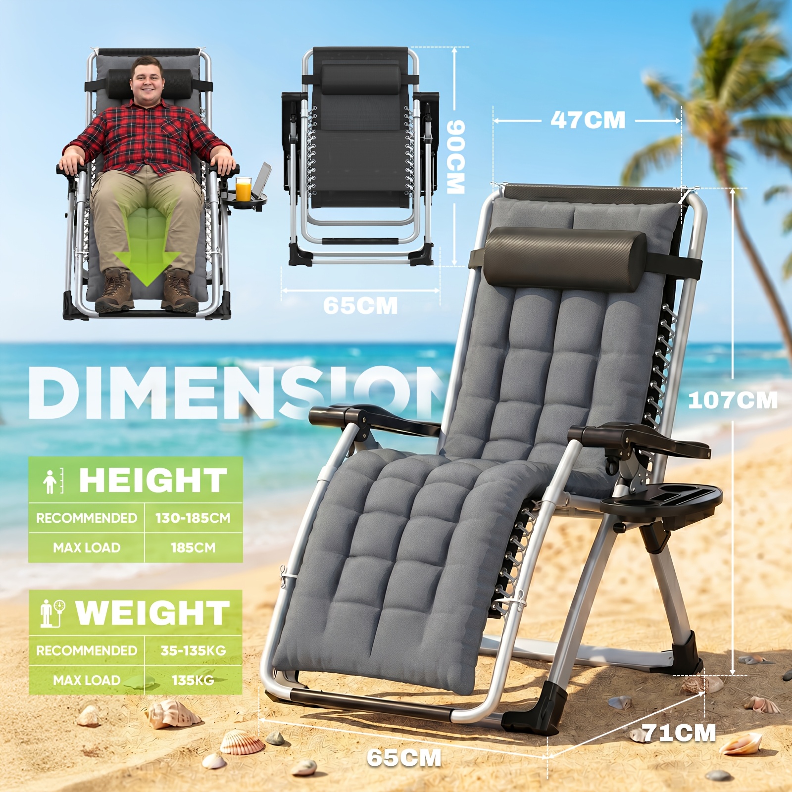 Foldable Camping Lounge Chair, Adjustable Garden Lounger With Pillow & Side Pocket, Portable Beach Chair Up To 135kg, 90-170° Ergonomic Relax Chair For Camping, Beach, Garden & Balcony