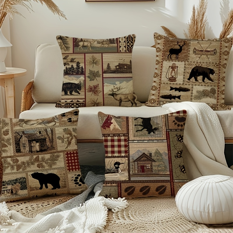 

4pcs Set Rustic Cabin Bear & Elk Throw Pillow Covers, 18x18 Inches - Modern Machine Washable With Zipper Closure For Room Decor, Farmhouse Style Outdoor Accents