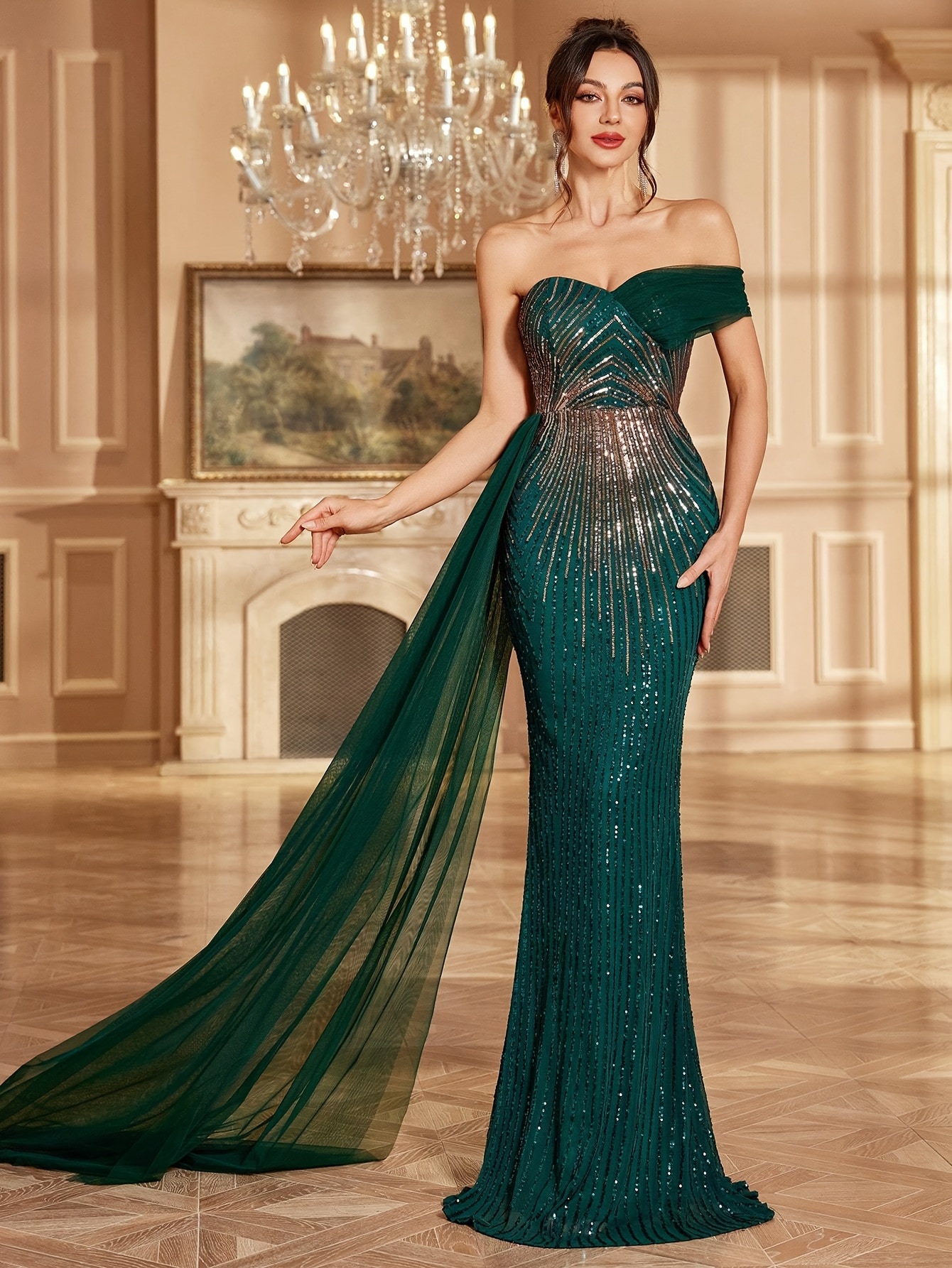 Emerald Green Sequin Off-Shoulder Gown for Women Elegant Bodycon Party  Dress with Deep V-Neck Strapless Design Weddings Form
