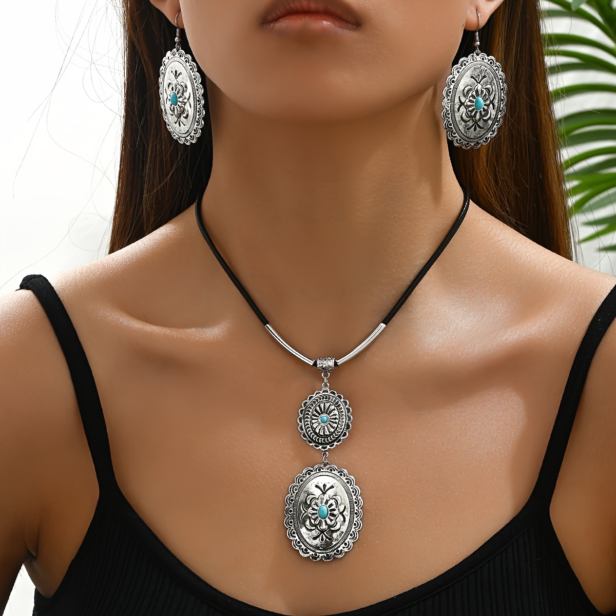 Boho Retro Green Turquoise Jewelry Set Necklace Earrings Vintage Statement