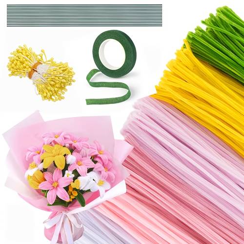 556pcs of pink hairy root handmade material set including 6 color hairy root floral arrangement set containing floral steel wire gardening tape flower packaging paper and ribbon suitable for artistic handmade production