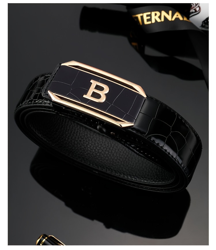 premium mens black faux leather belt with automatic   classic crocodile pattern     for business or casual wear details 3