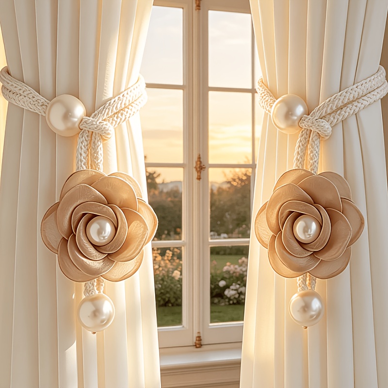TEMU 2pcs Bohemian Style 3d Floral Curtain Tie-backs, Pearl Embellished Adjustable Curtain Clips, Light Room Bedroom Drapery Bundles