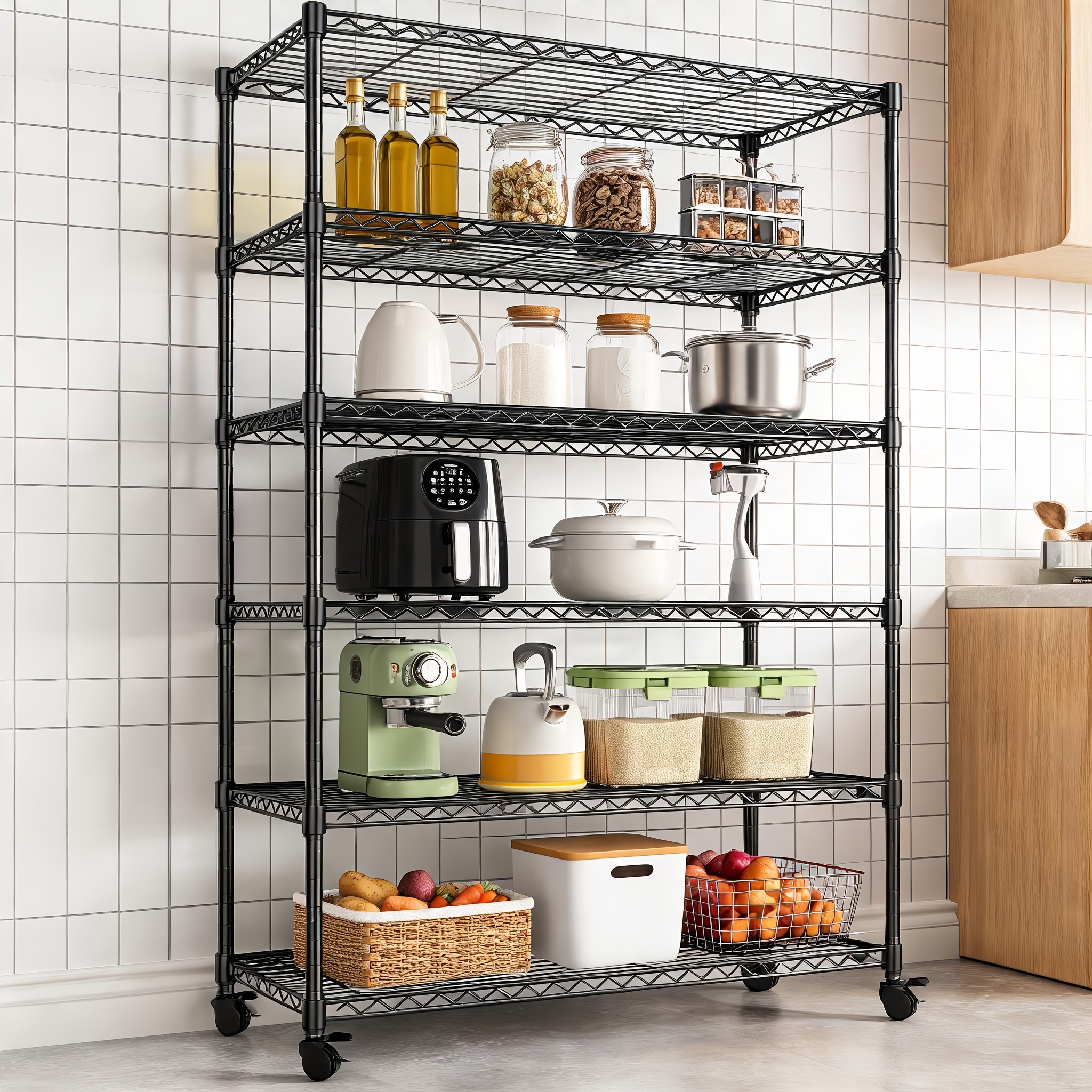 Image of 6-tier Rolling Storage Rack, Adjustable Wire Shelving Unit, Heavy Duty , Suitable For Restaurants, Garages, Pantries, And Kitchens, 117x45x208cm, 500kg Load Capacity, Utility Racks
