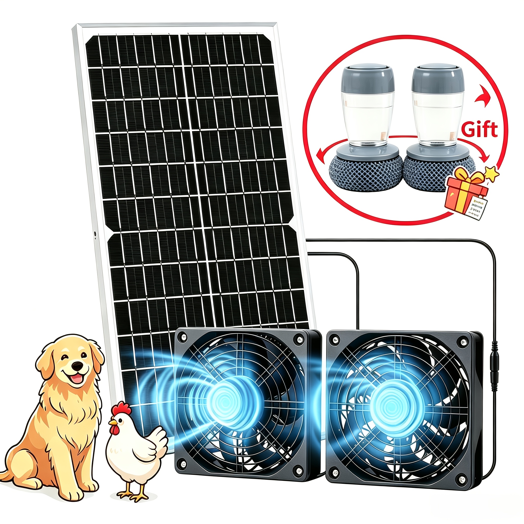TEMU Solar Dual Fan Ventilation System, 65w Solar Exhaust Fan Kit, For Chicken Coops, Rabbit Cages, Pet Houses, Greenhouses, Tents, Rvs, Outdoor
