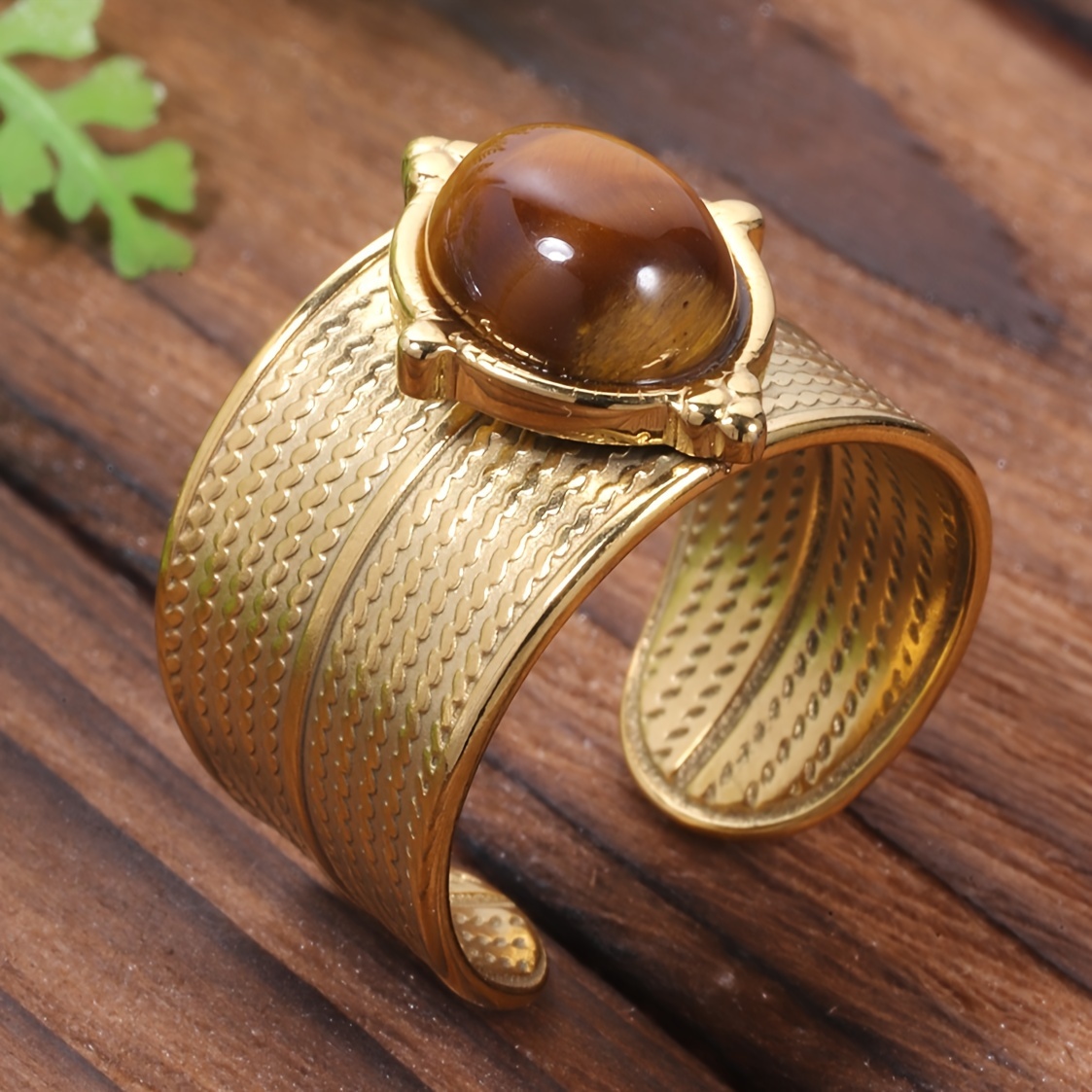 Image of 1 Ring French Vintage 304 Stainless Steel Golden Oval Tiger-eye Stone Opening Rings Ring For Women Party Banquet