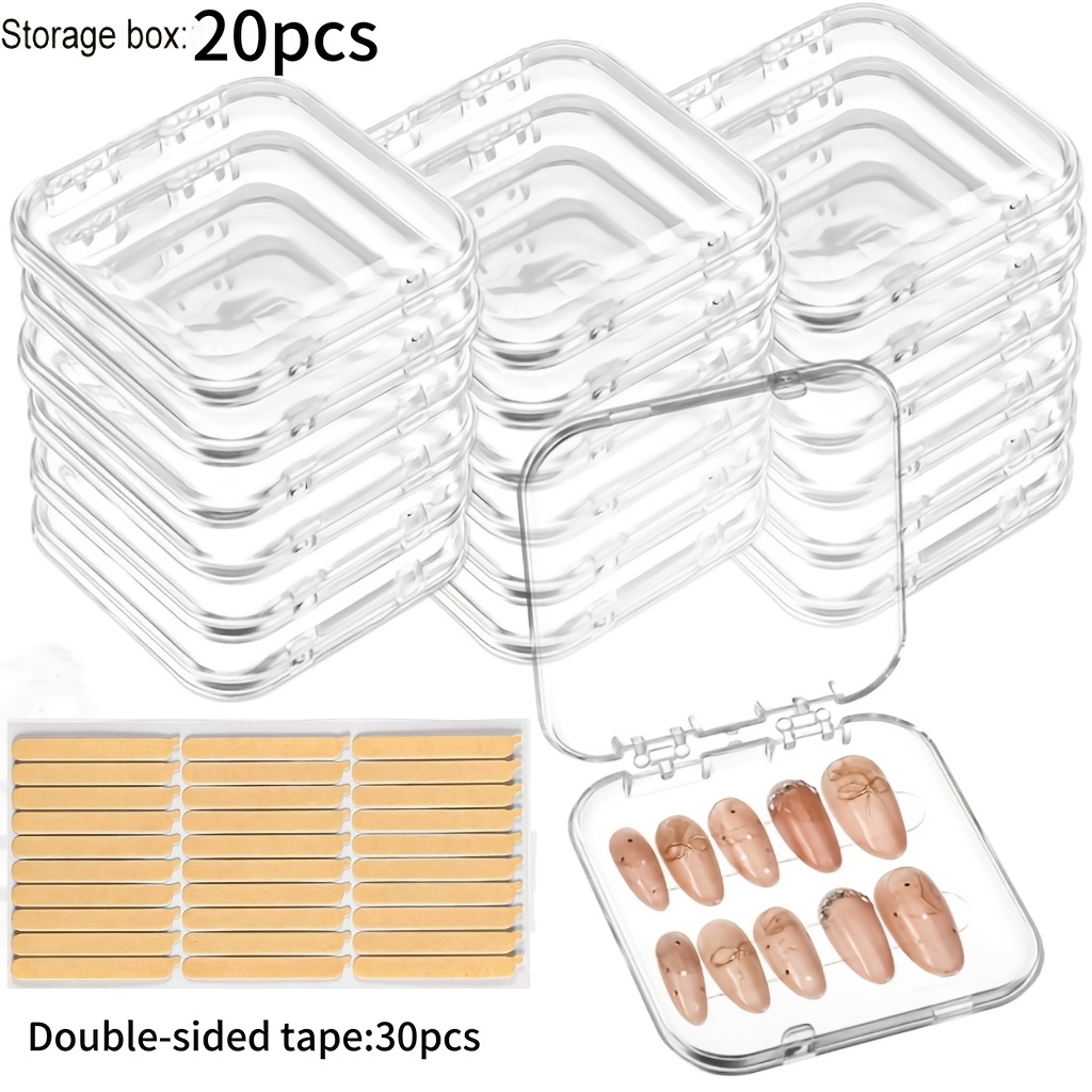 TEMU Boîte de rangement pour faux ongles à coller 20pcs / Ruban adhésif double face 30pcs / Emballage pour faux ongles à coller / Conteneur pour faux