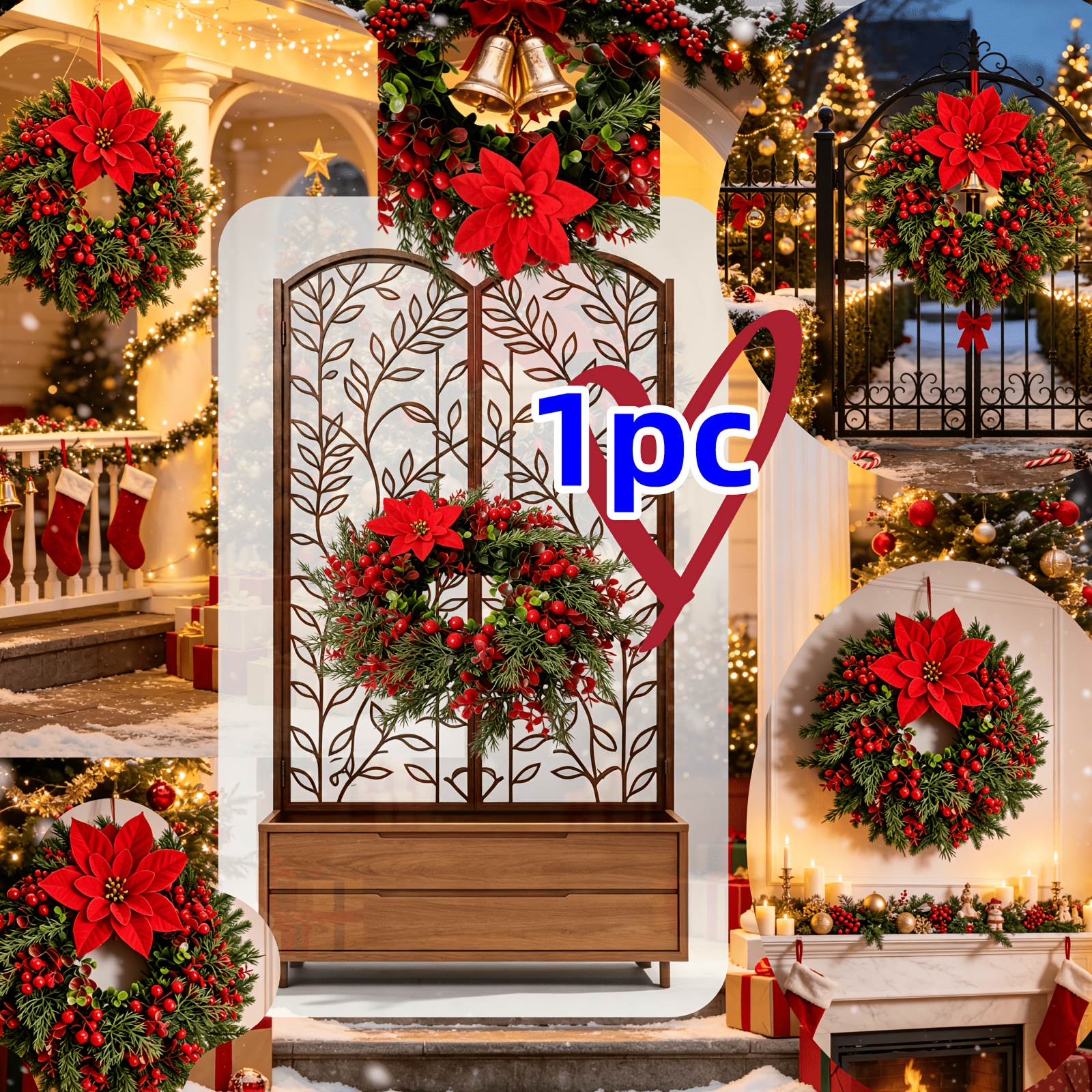 TEMU High-quality Christmas Wreath, Meticulously To Create A Festive Atmosphere! Artificial Poinsettias, Red Berries, And Pine/ Foliage Feature And