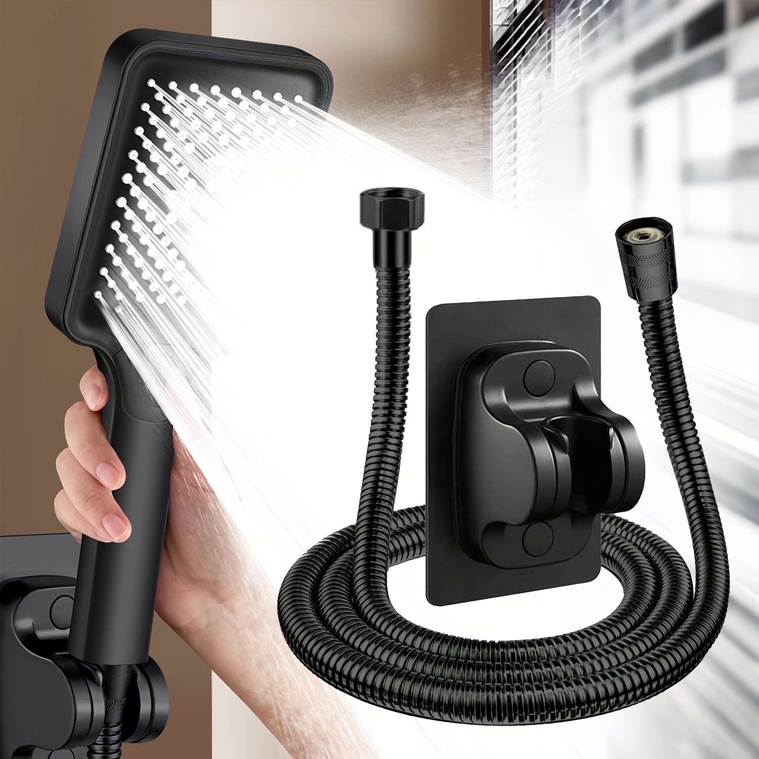 Image of 3pcs Square Three-setting Rain Shower With Reinforced Hose Holder, Handheld Shower Head With Pressure – Large Spray Nozzle, For Shower Use Only,for Shower Use Only