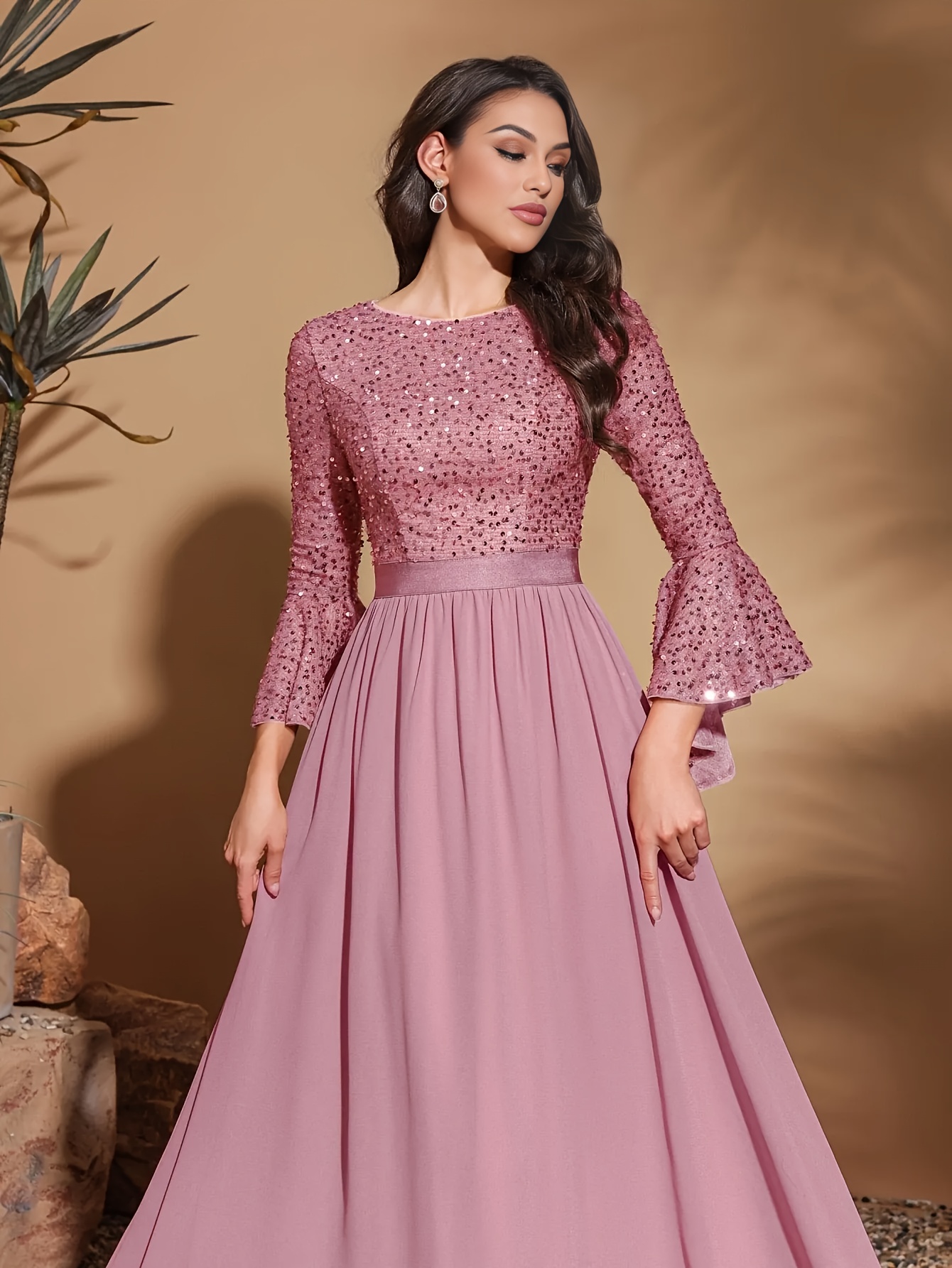 sequined flared sleeve high waist chiffon hem bride mother - Temu Oman