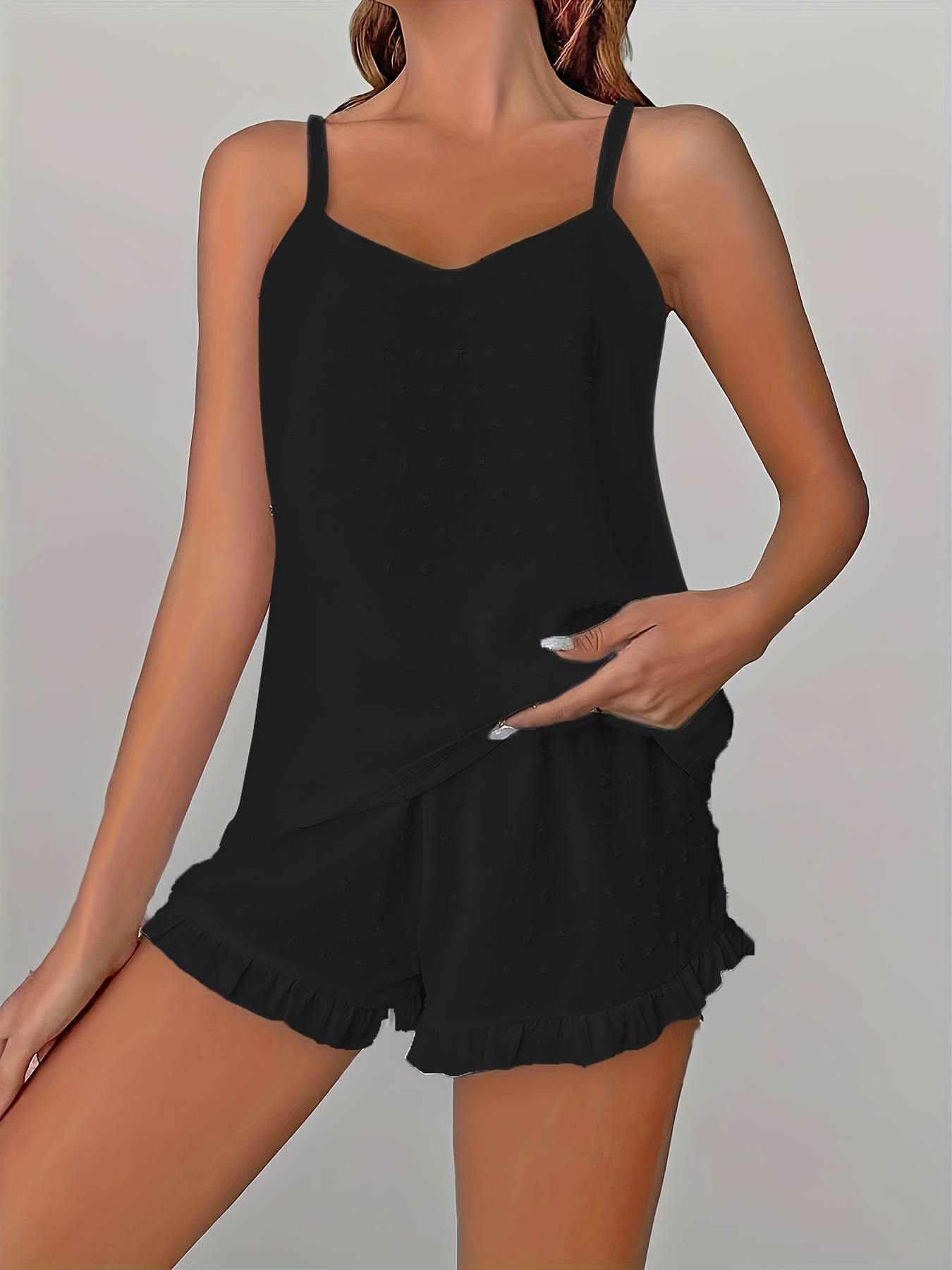Women'S Plus Size Lace Trim Cami Pajama Set - Soft Polyester, Solid Color, Ruffled Detail, Comfortable Sleepwear for Spring/Summer/Fall, Relaxed Fit Pajamas | Ruffled Detail Clothing | Smooth Texture Fabric