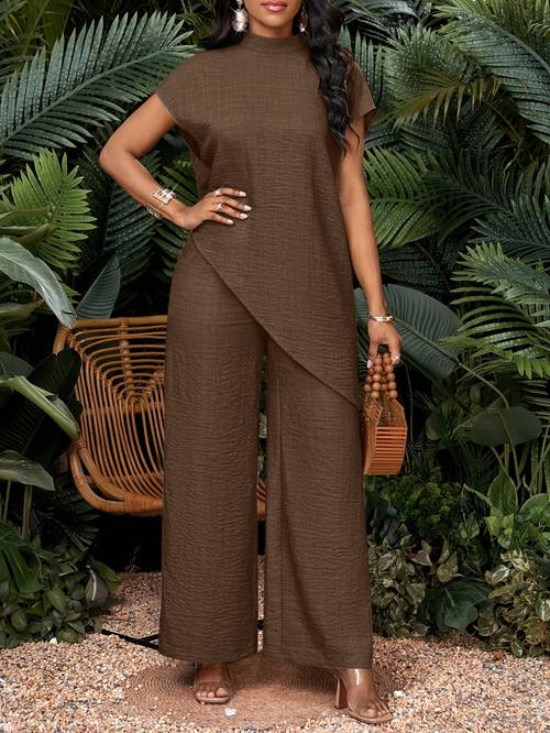 womens vacation casual solid color asymmetrical hem top and pants two piece set autumn womens clothing