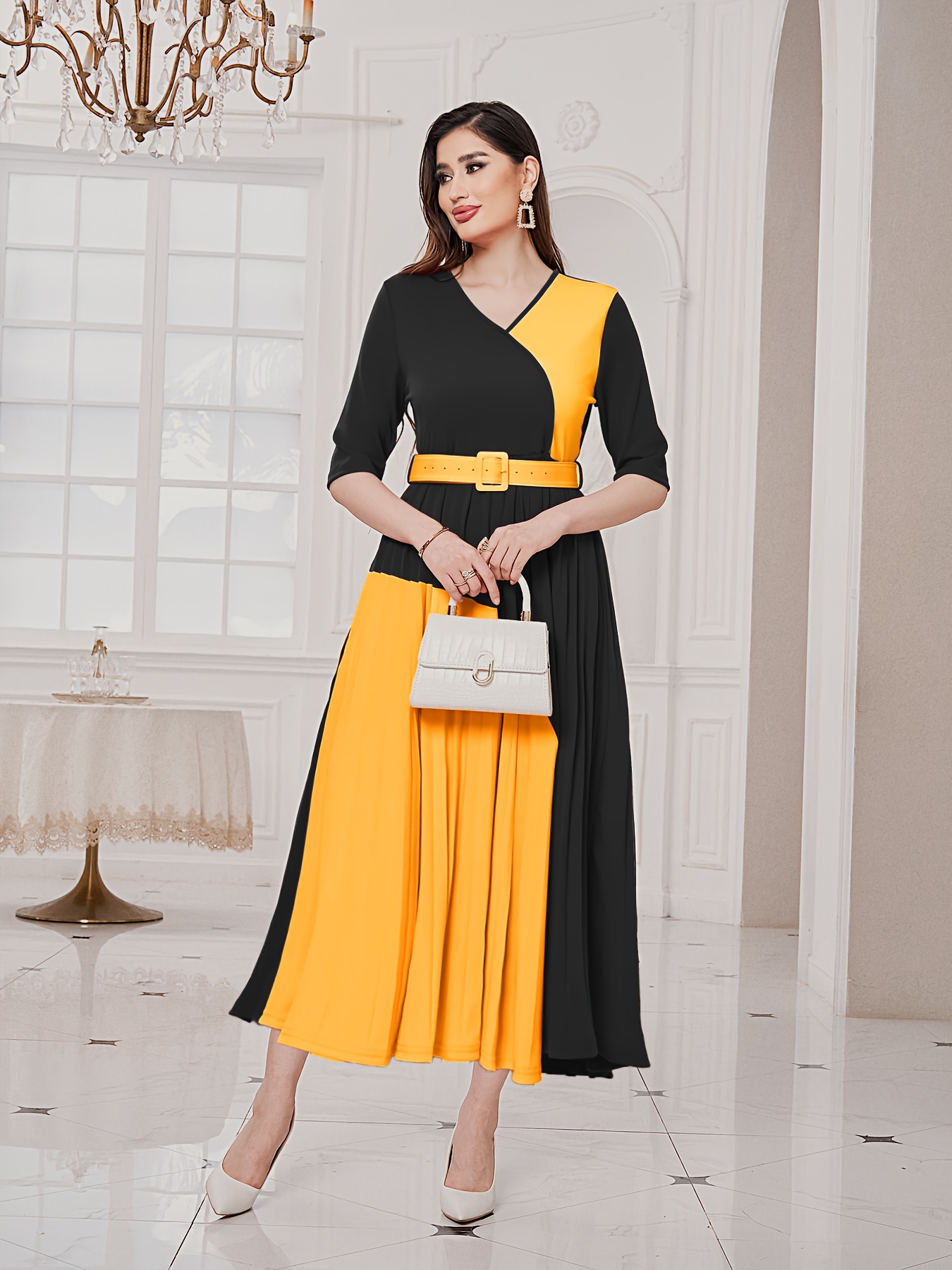 womens elegant v neck a line dress color block contrast - Temu