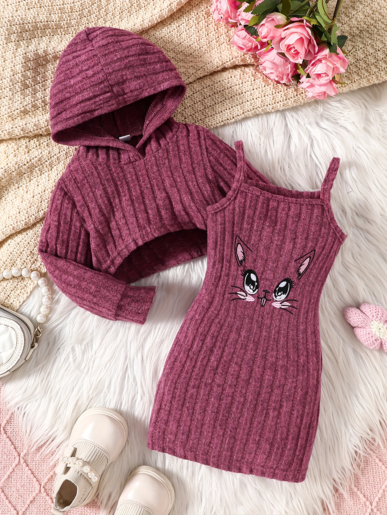 a cute and trendy two piece set for baby girls and toddlers featuring a hooded long sleeve top with ribbed stripes and a cat embroidered dress   outdoor activities and everyday wear making it an   gift   for girls on special occasions Product details 0