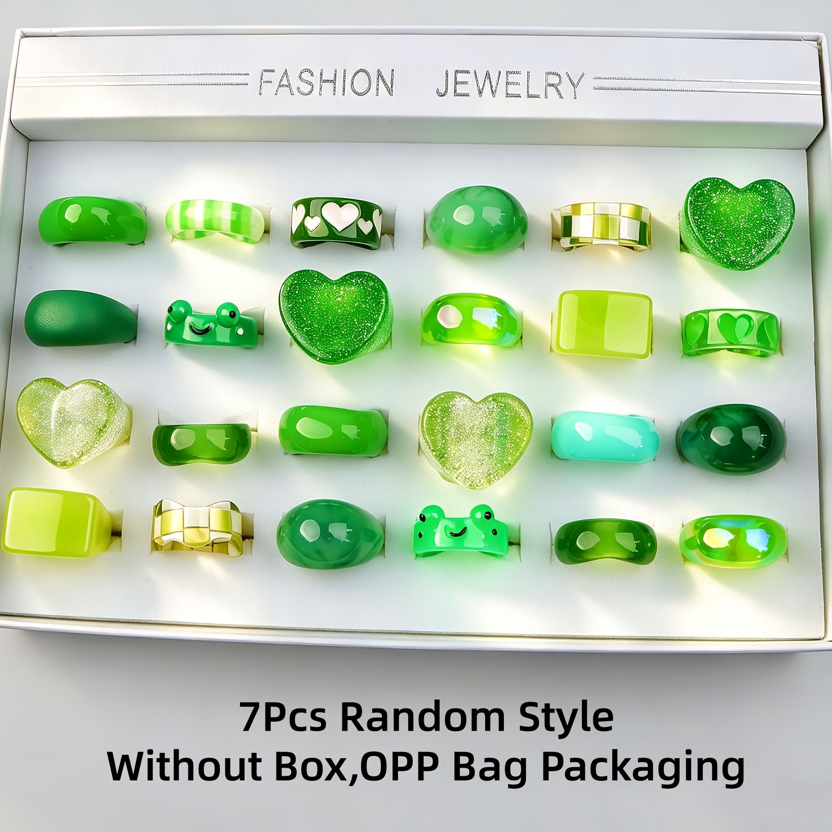 TEMU 7pcs Shengcoco Green Resin Ring Set - Multicolor Suitable For Daily & Party Wide Band Stackable Rings, Vintage Checkerboard Heart & Random Style
