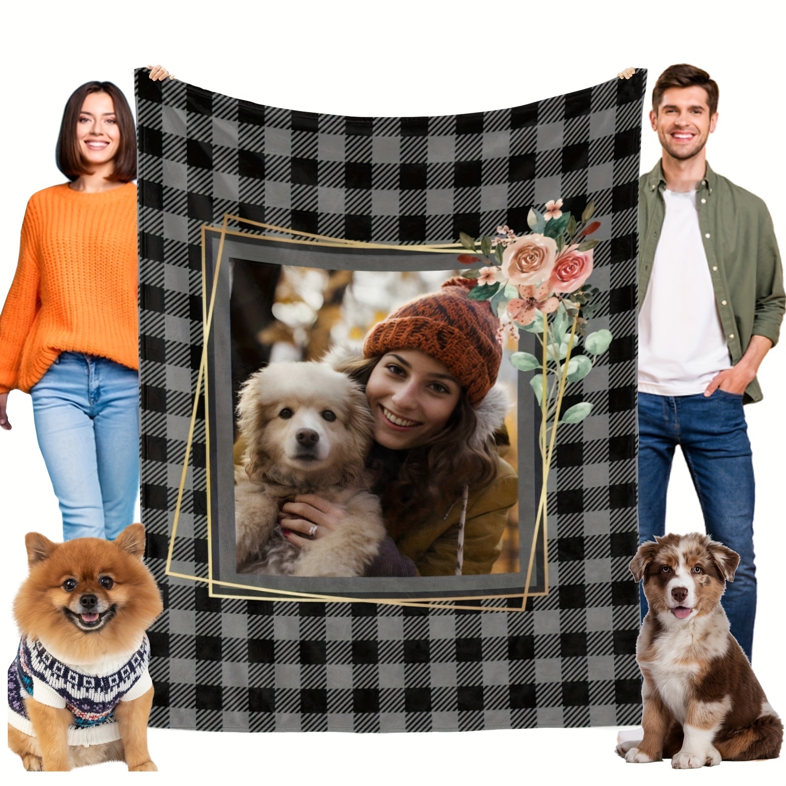 

1pc Custom Pet Flannel Blanket, Cute Plaid Flower Print Warm Soft Dog Throw Blanket, Personalized Photo Blanket, Machine Washable Dog Mat For Bed Crate Couch