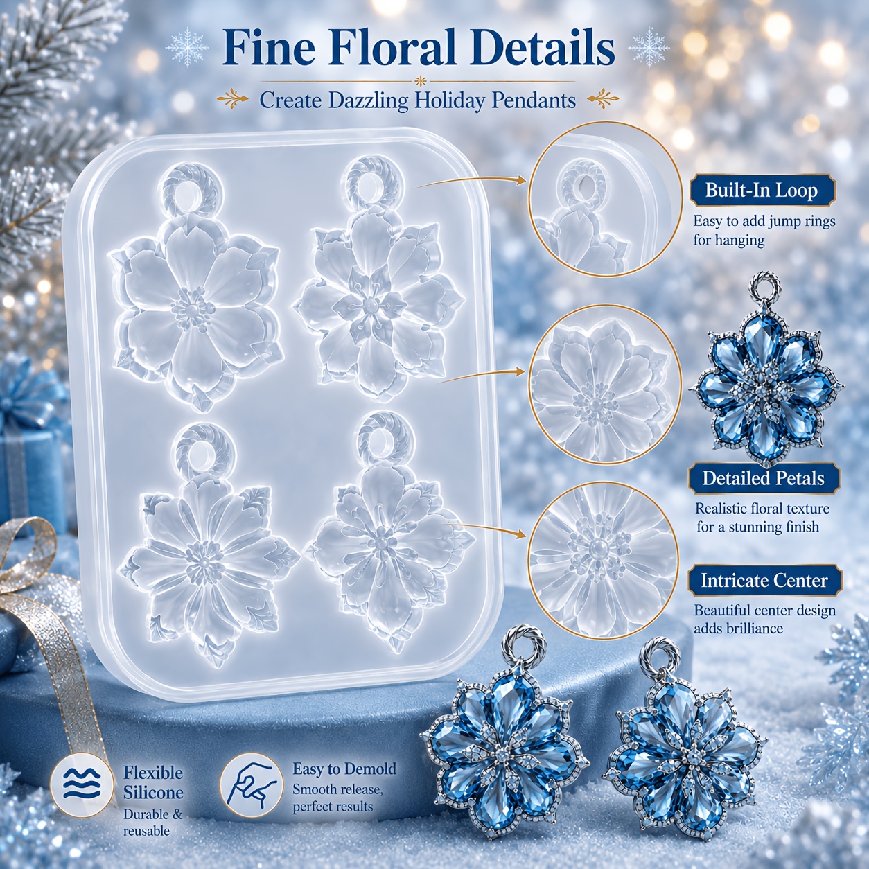 TEMU Resin Silicone Mold, 4-cavity Christmas Flower Snowflake Pendant Mold With Hanging Hole, Winter Christmas Holiday Epoxy Resin Casting Mold,