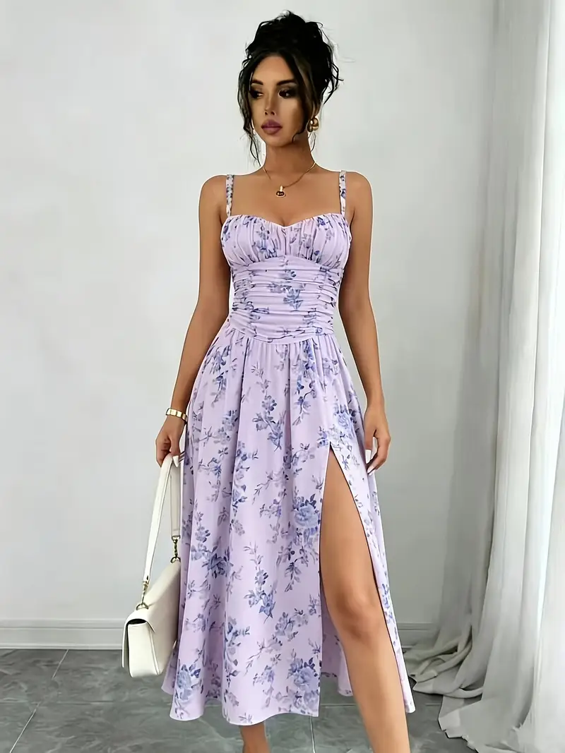 purple dress printed bohemian Vintage 1960s Boho Purple Flower Print Dress - Maxi - Long Sleeves - High Neck - Xs