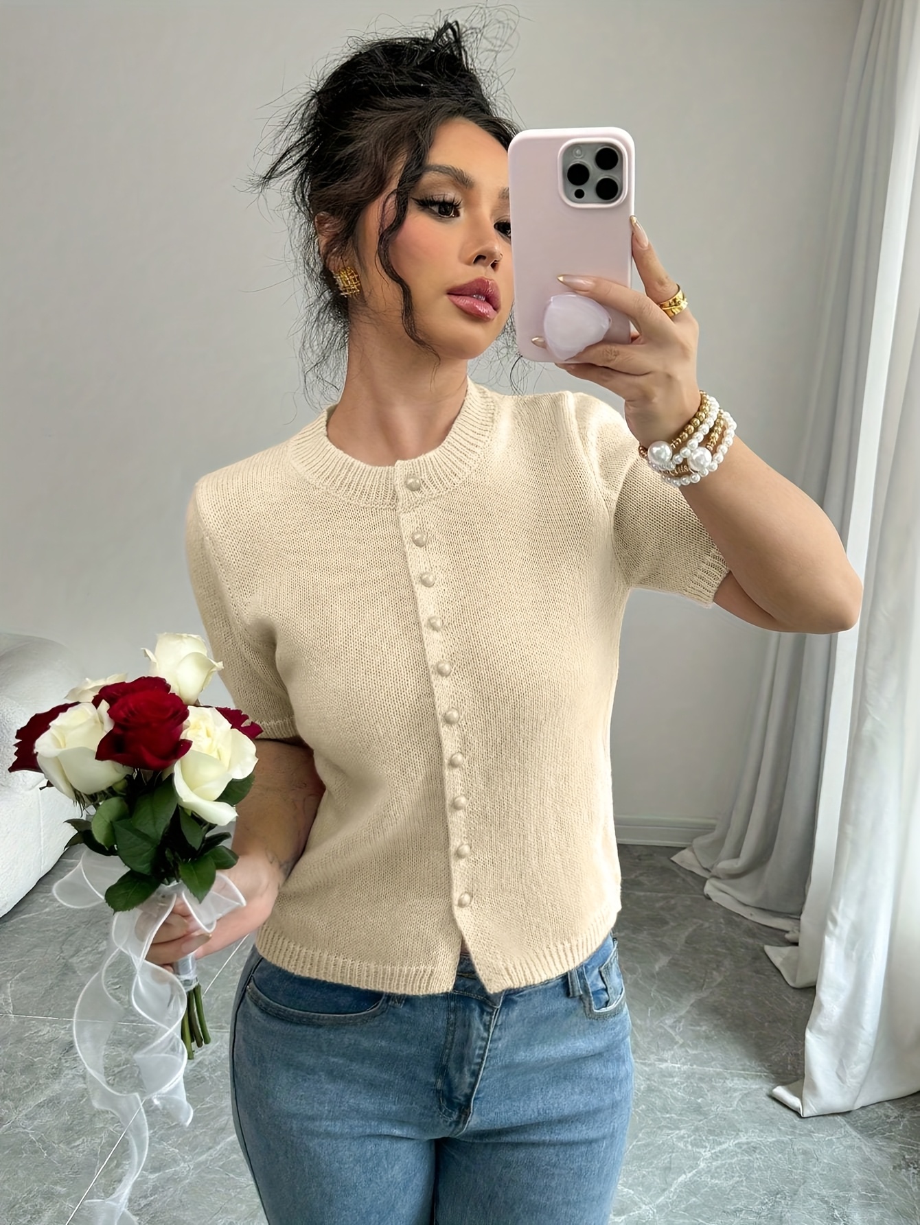 Women's Grey Spanish-Inspired MD Style Cardigan Sweater Short Sleeve  Collar *-like Jacket, Casual to Semi-Formal Wear for Spring Summer Fall
