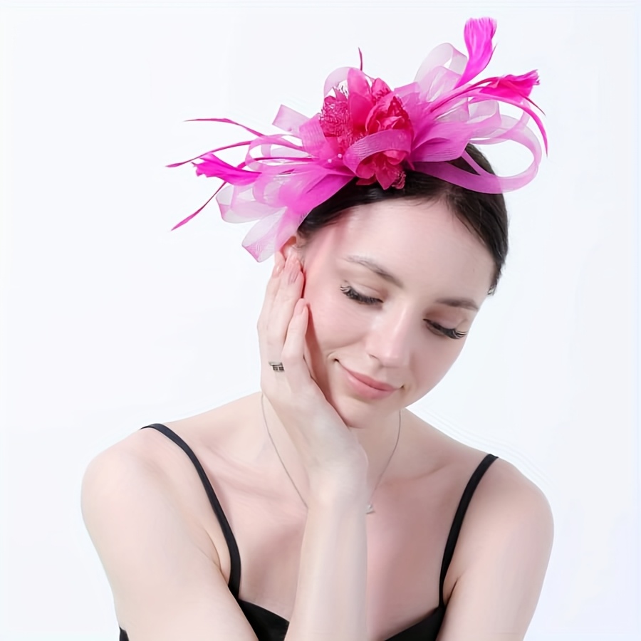 1pc rose red women s mesh flower feather fascinator headband  display picture 1