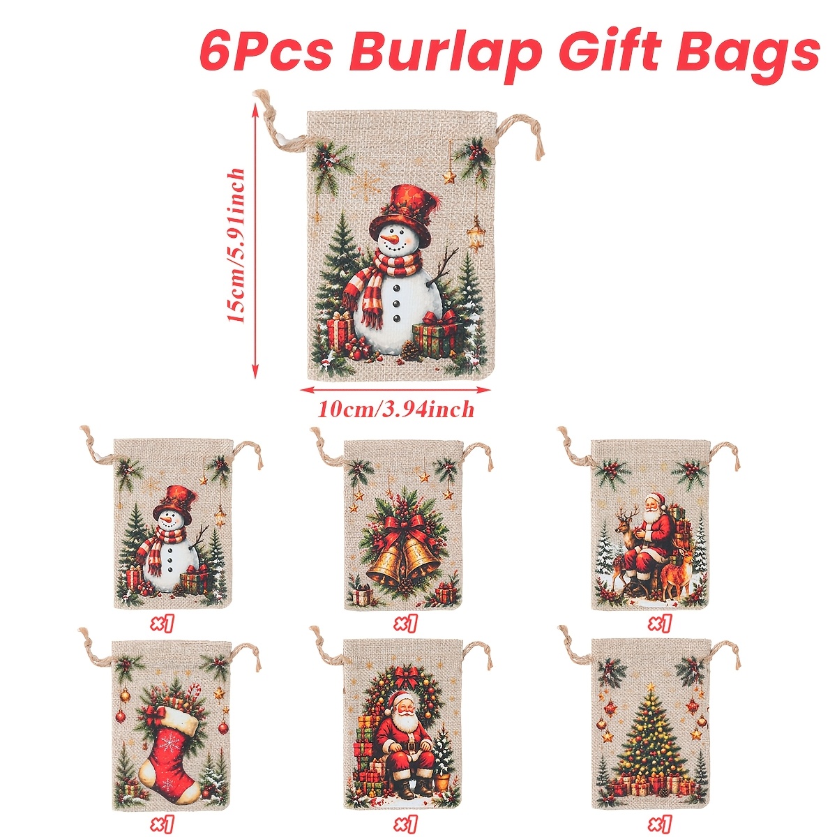 TEMU 6 stuks Vintage Kerst Cadeauzakjes met Trekkoord Geschikt voor Kerstfeestbedankjes, Knutselen & Reisopslag - Patronen van Kerstman, Sneeuwpop,