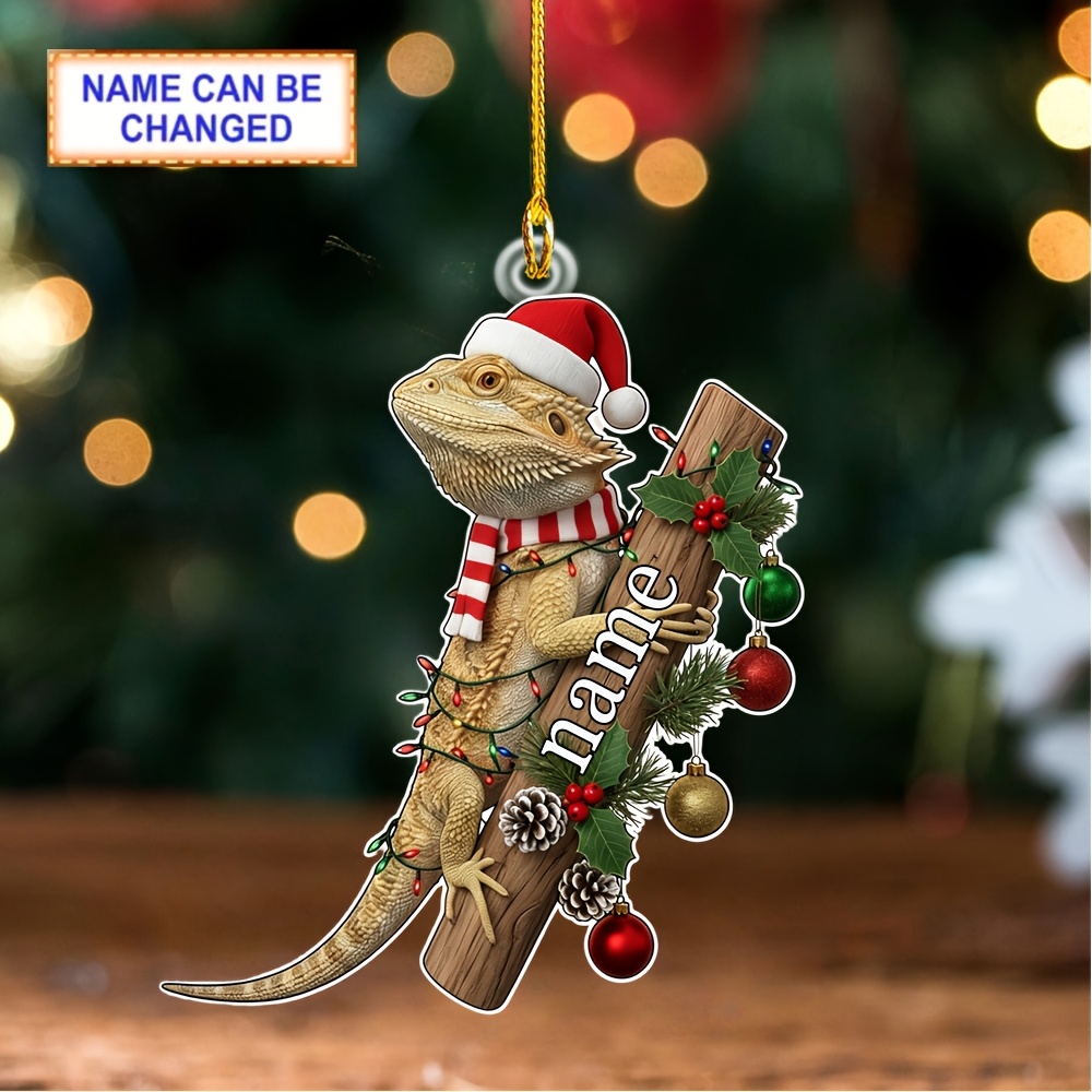 TEMU 2d Plane 1 Customized Beard Lizard Wearing Christmas Hat, Red And White Striped Scarf, Christmas Tree Pine Needles, Colorful Beads, Personalized