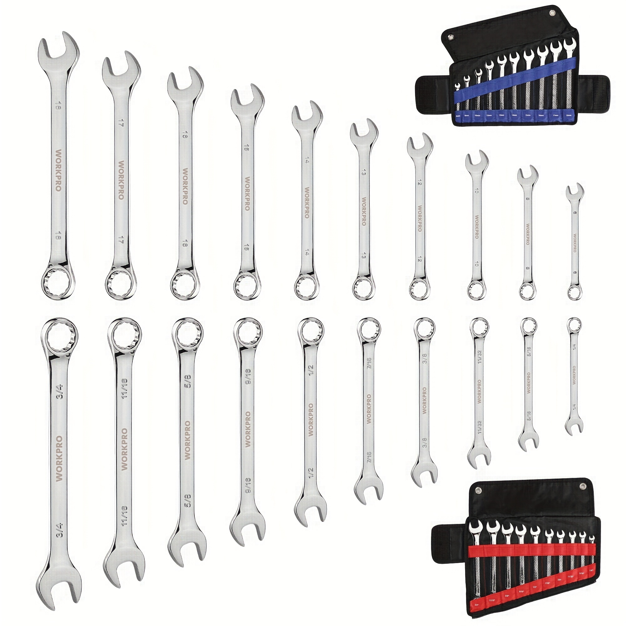 

Workpro 20-piece Combination Wrench Set, Metric 6-18mm & Sae 1/4"- 3/4", Cr-, 12-point Wrenches Set With 2-in-1 Rolling Pouch