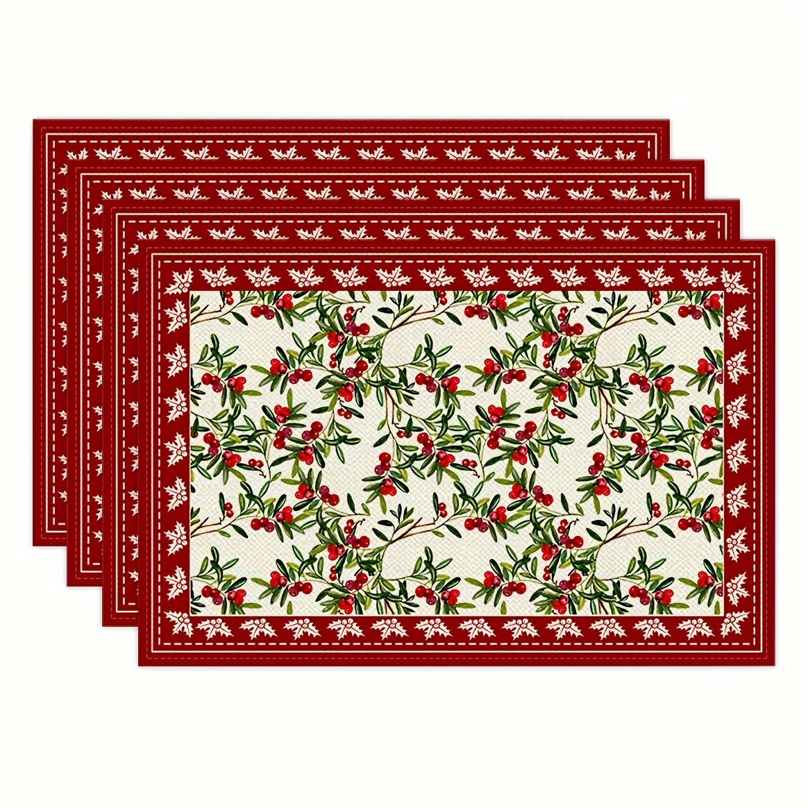 

Festive 4-piece Red Border Pine Cone Christmas Placemats - 12 X 18 Inches, Machine Washable, High Quality, Suitable For Party Kitchen Table Decoration