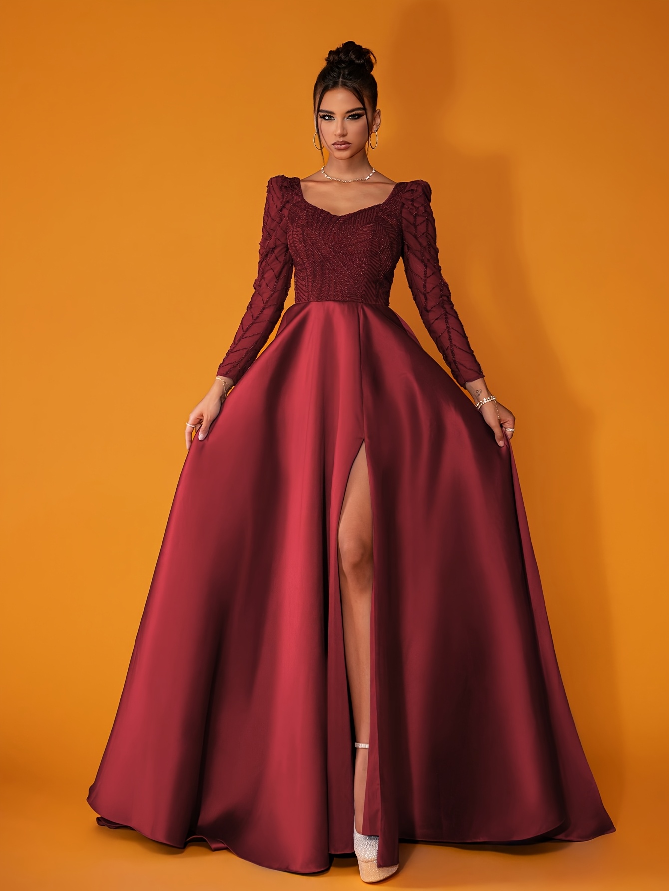 temu burgundy dress Elegant V-neck * Burgundy Dress, Spring/summer Knee-length Fashionable Trendy Elegant * Women's Dress