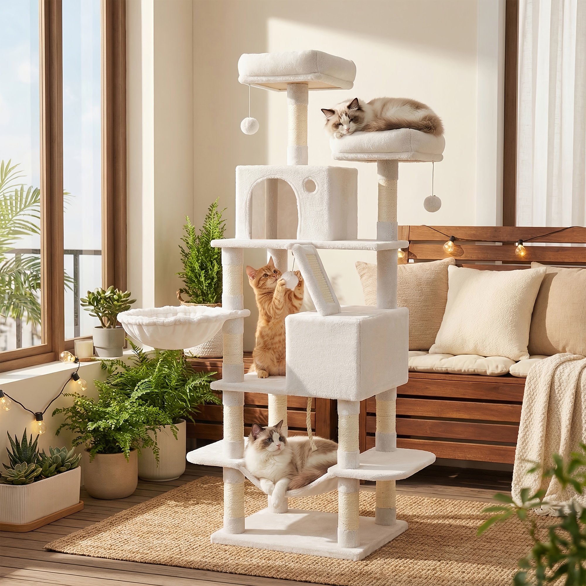 Scratching Post Large, High, L Cat Tree, With 13 Scratching Posts, 2 Platforms, 2 Caves, Basket, Hammock, Plush Balls, Multi-story Cat Scratching Post