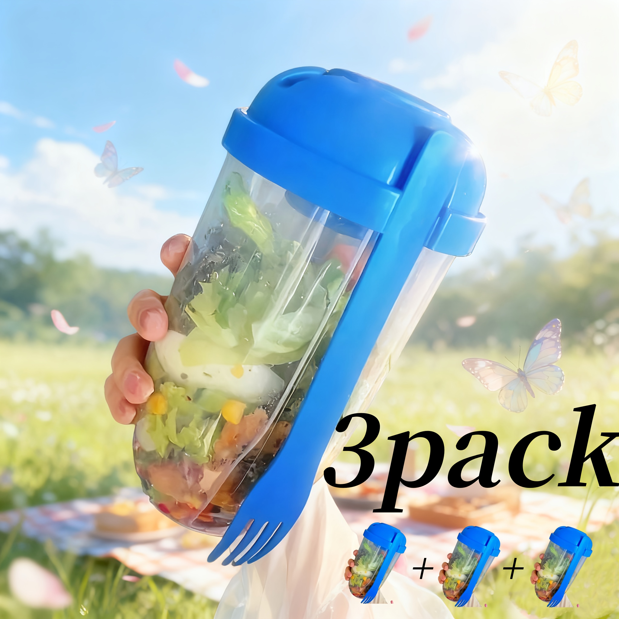 TEMU 3pcs, Salad Cup, Salad Shaker, Plastic Container (with Fork), Salad Dressing Rack, Picnic Lunch Breakfast Salad Cup, Kitchen Supplies, Kitchen