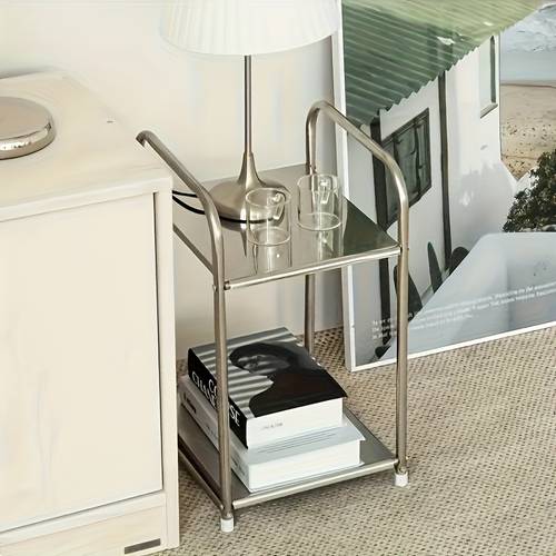 contemporary stainless steel side table featuring storage silvery nightstand home organizer shelf space design living room and kitchen
