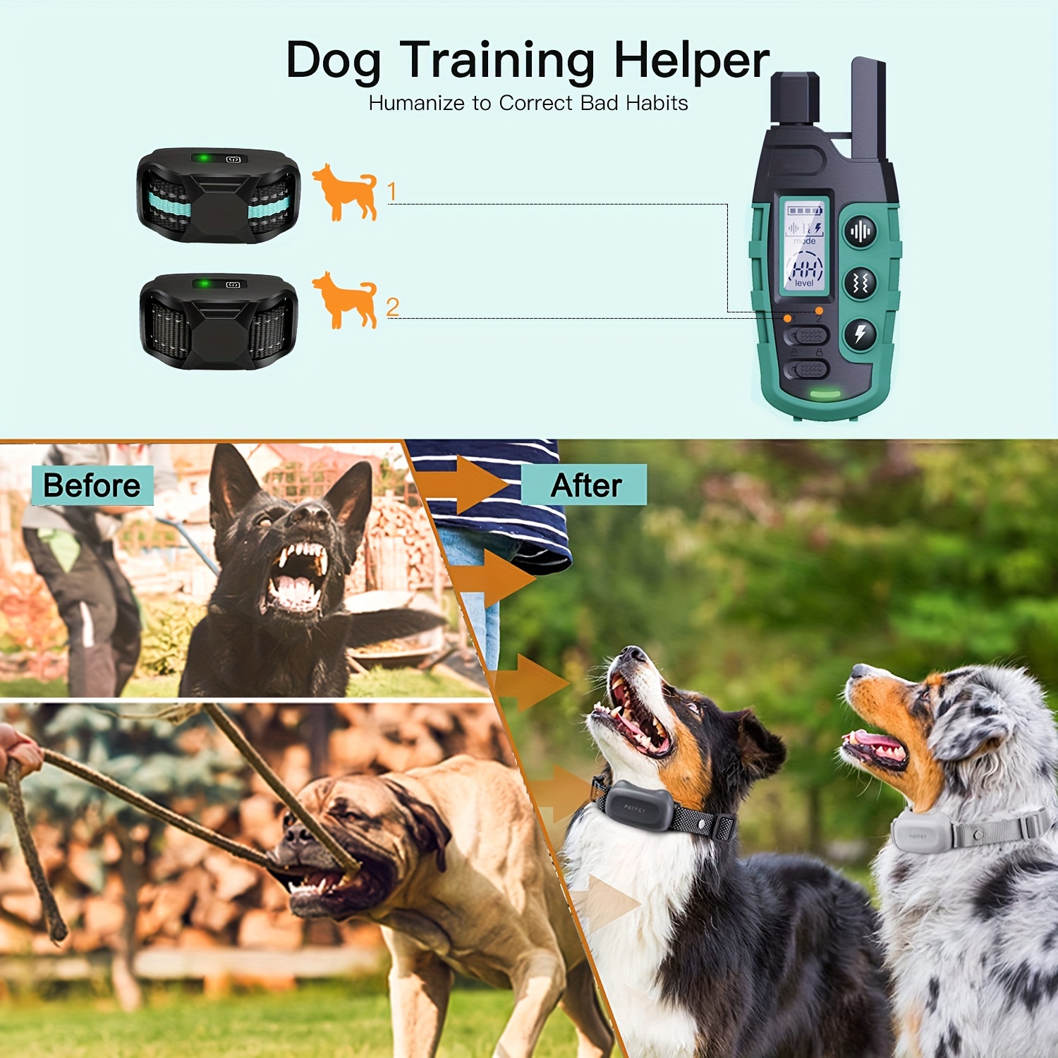 Fjernbetjent hundetræningshalsbånd med elektrisk stød, vibrationslyd, justerbart nylonhalsbånd, egnet til små til store hunde, 5 150 lbs, genopladeligt med fjernbetjening til ændring af gøadfærd. Produktdetaljer 5