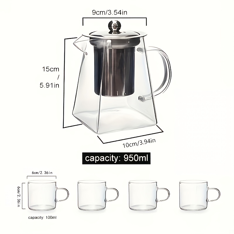TEMU Un ensemble comprenant une théière florale de 950 ml et quatre tasses à thé de 100 ml, avec un design carré épais, du verre résistant aux hautes