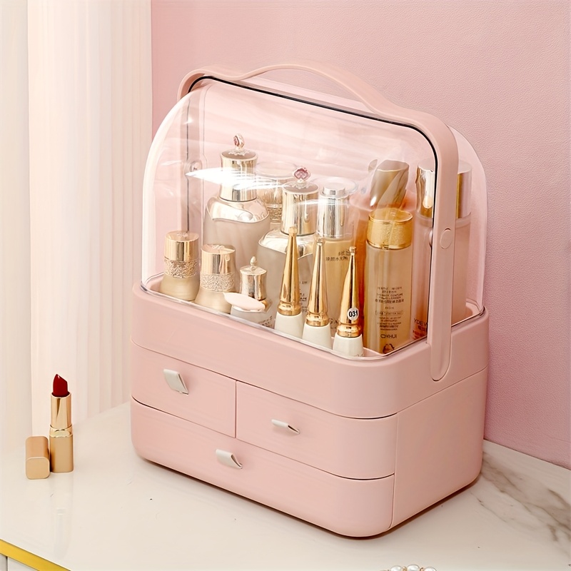 pink expandable makeup organizer with drawers dustproof cosmetic storage box for skincare lipstick jewelry and brushes transparent lid multi tiered compartments vanity or bathroom countertop cosmetic storage organizer details 8